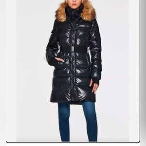 S13 Womens Chalet Belted Faux Fur Trim Hooded Down Puffer Coat Gloss Black Sz XS